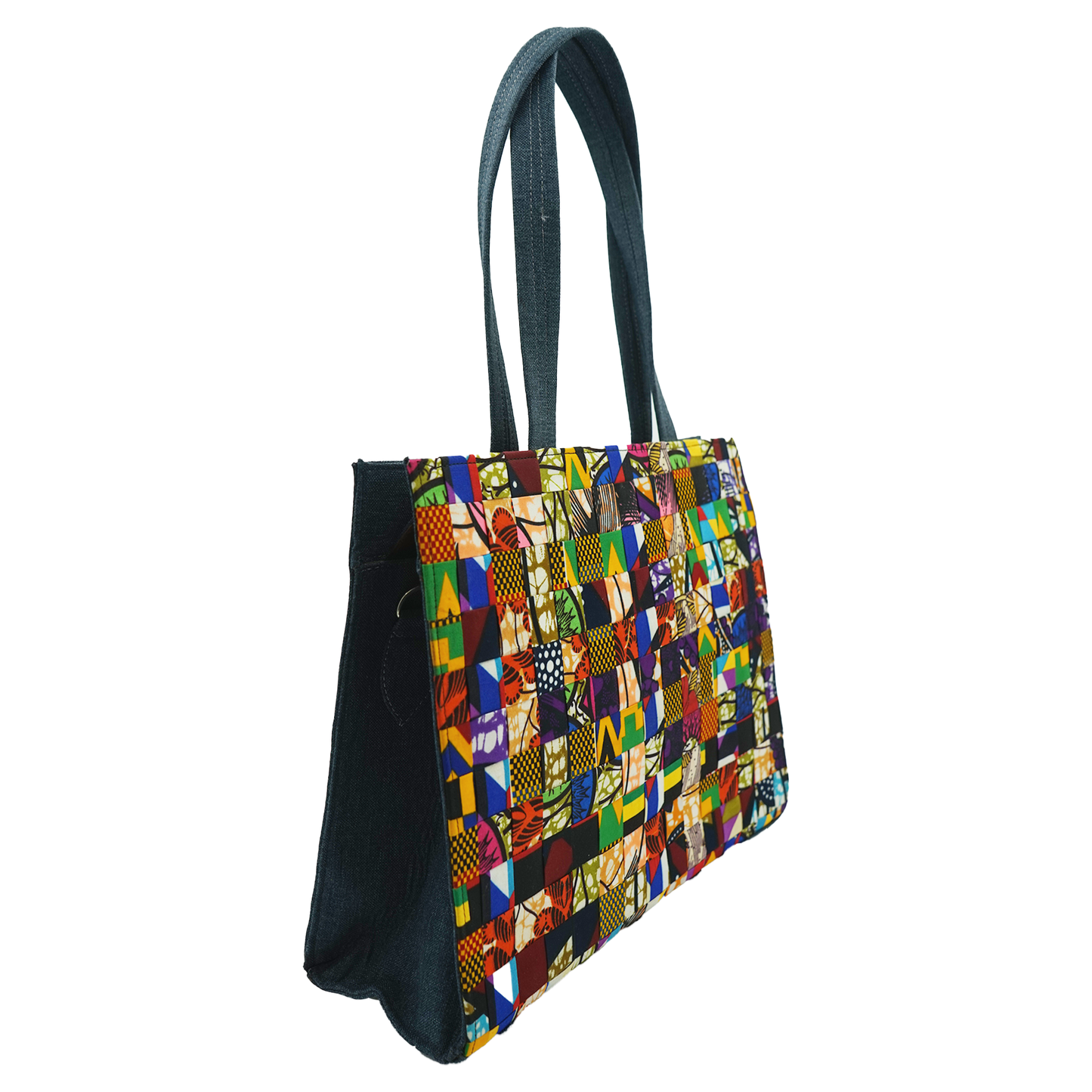 Vibrant Patchwork Raffia Tote