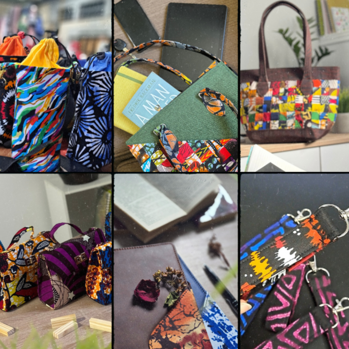 A collage of Ankara cotton bags and accessories