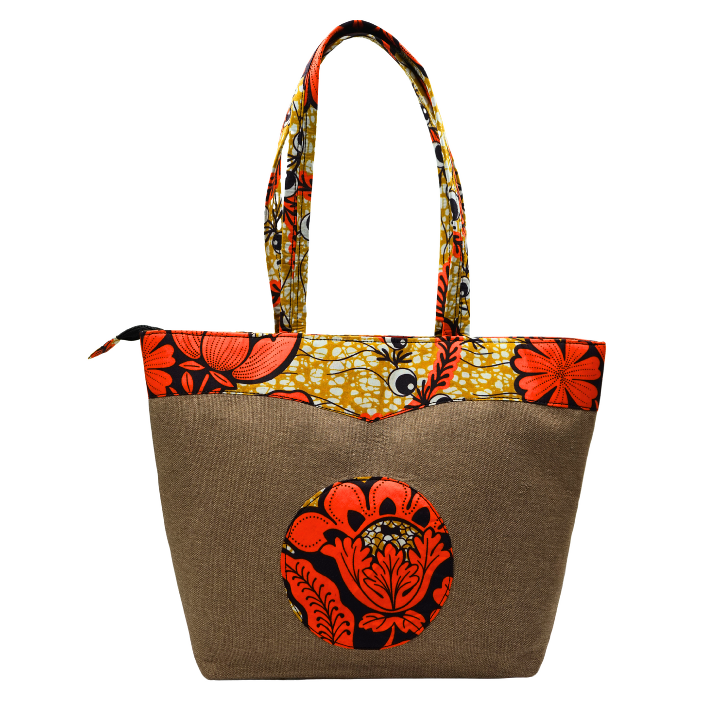 Beige with Orange Flowers Raffia Moon Handbag