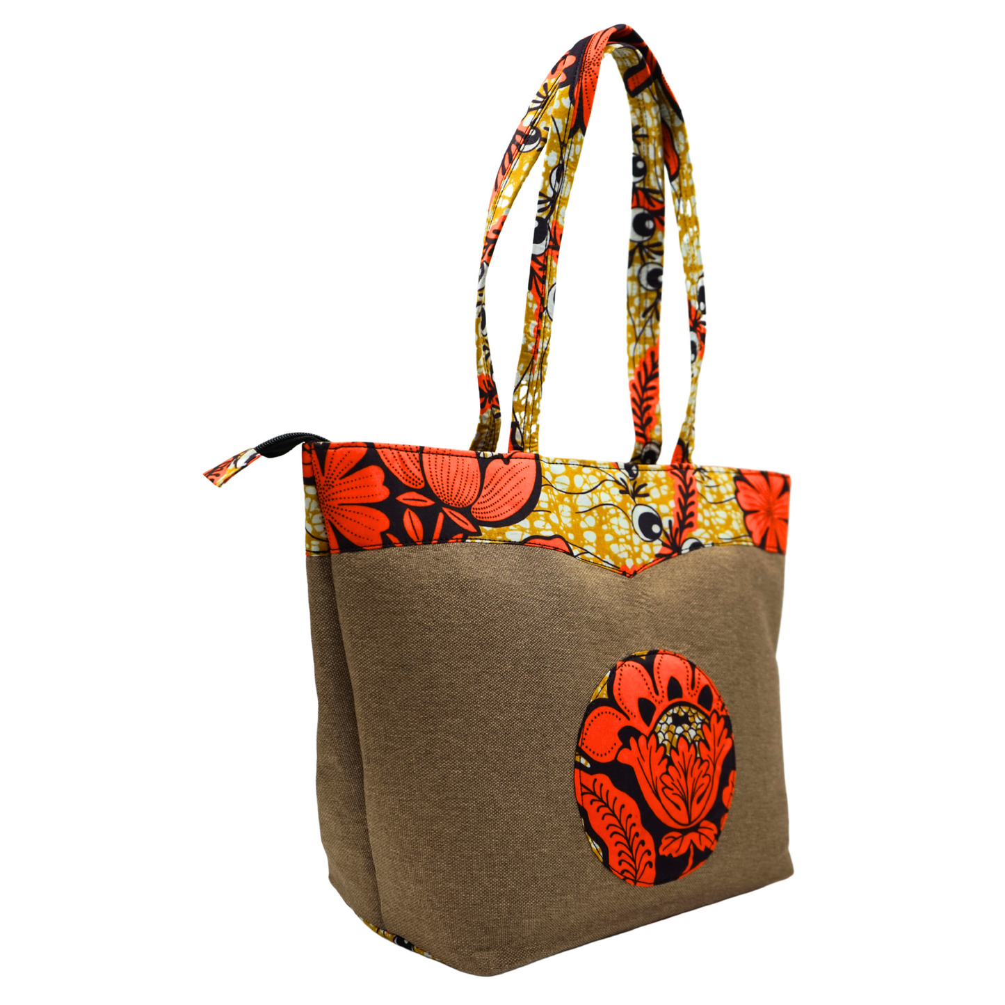 Beige with Orange Flowers Raffia Moon Handbag