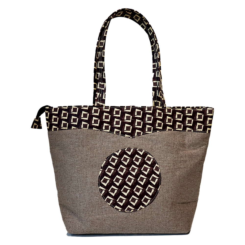 Beige and Brown Raffia Moon Handbag