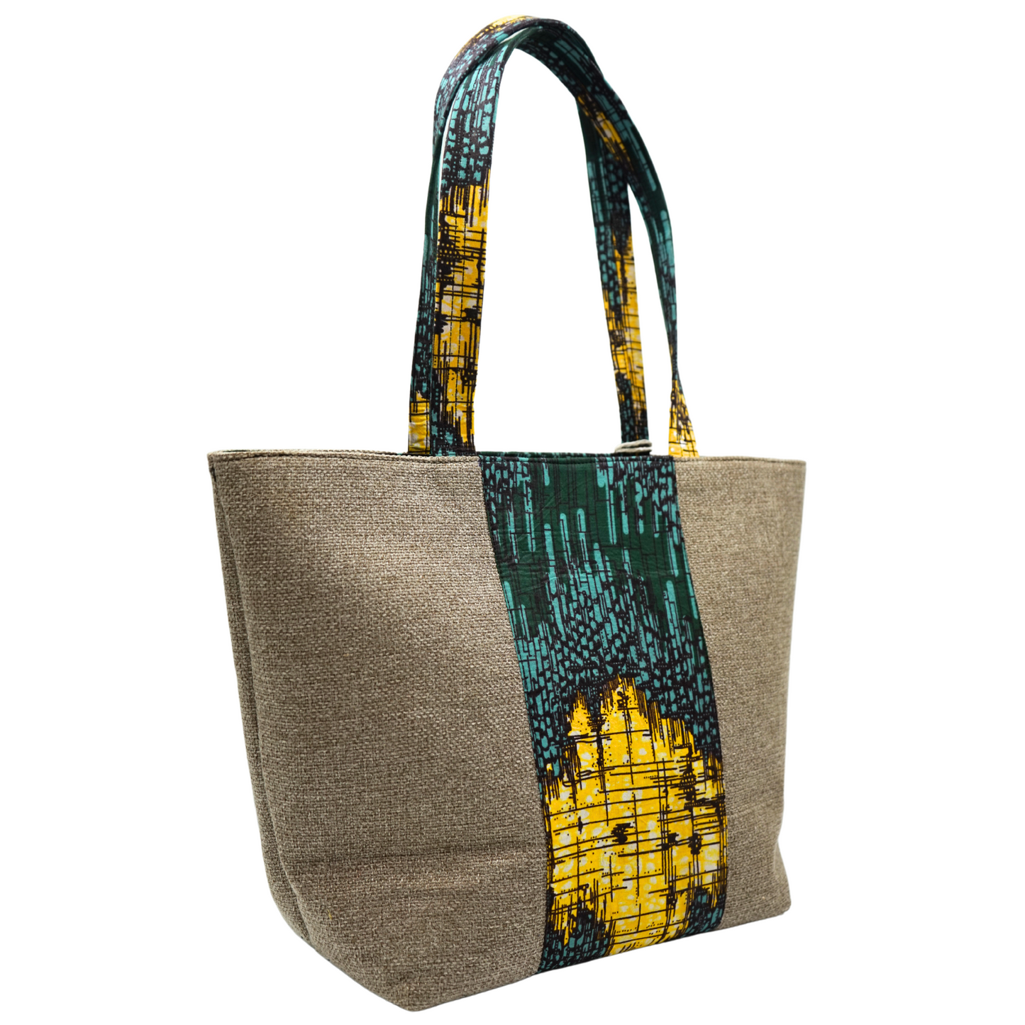 Beige and Teal Radiating Raffia Handbag