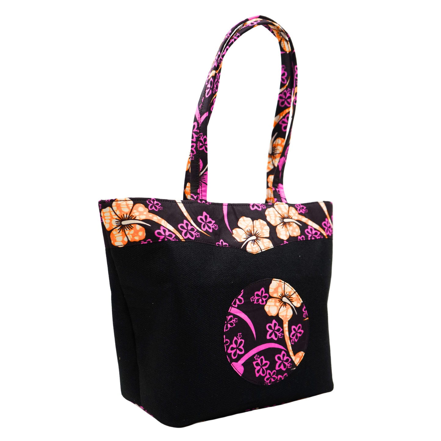Black with Pink Orange Flowers Raffia Moon Handbag