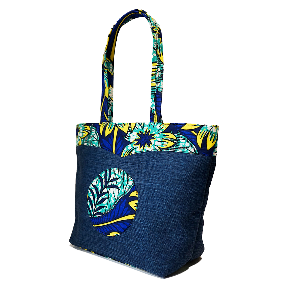 Blue and Yellow Floral Raffia Moon Handbag