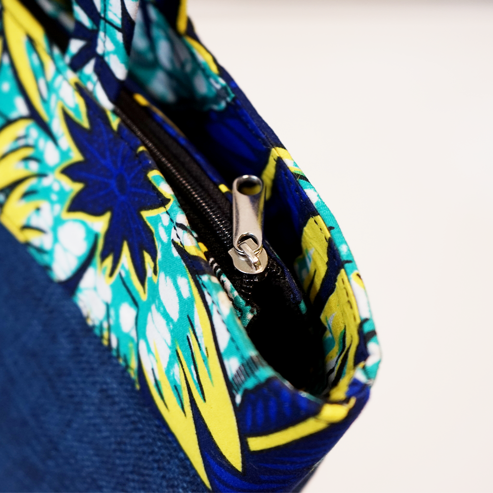 Blue and Yellow Floral Raffia Moon Handbag