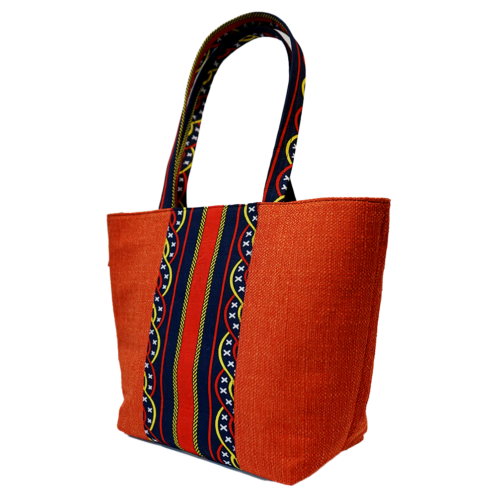 Crimson Blue Stripe Ankara Raffia Handbag