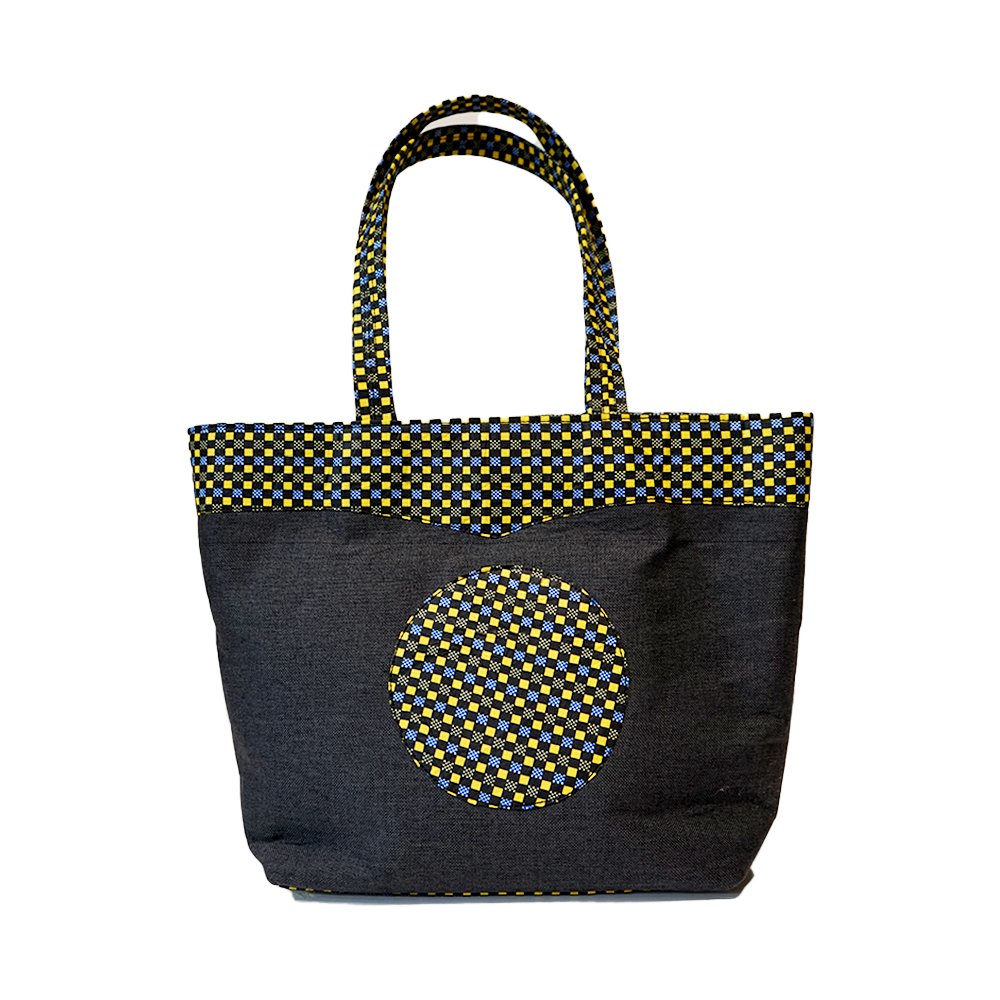 Grey and Yellow Checks Raffia Moon Handbag