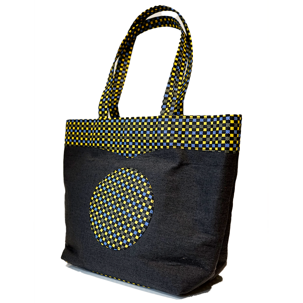 Grey and Yellow Checks Raffia Moon Handbag
