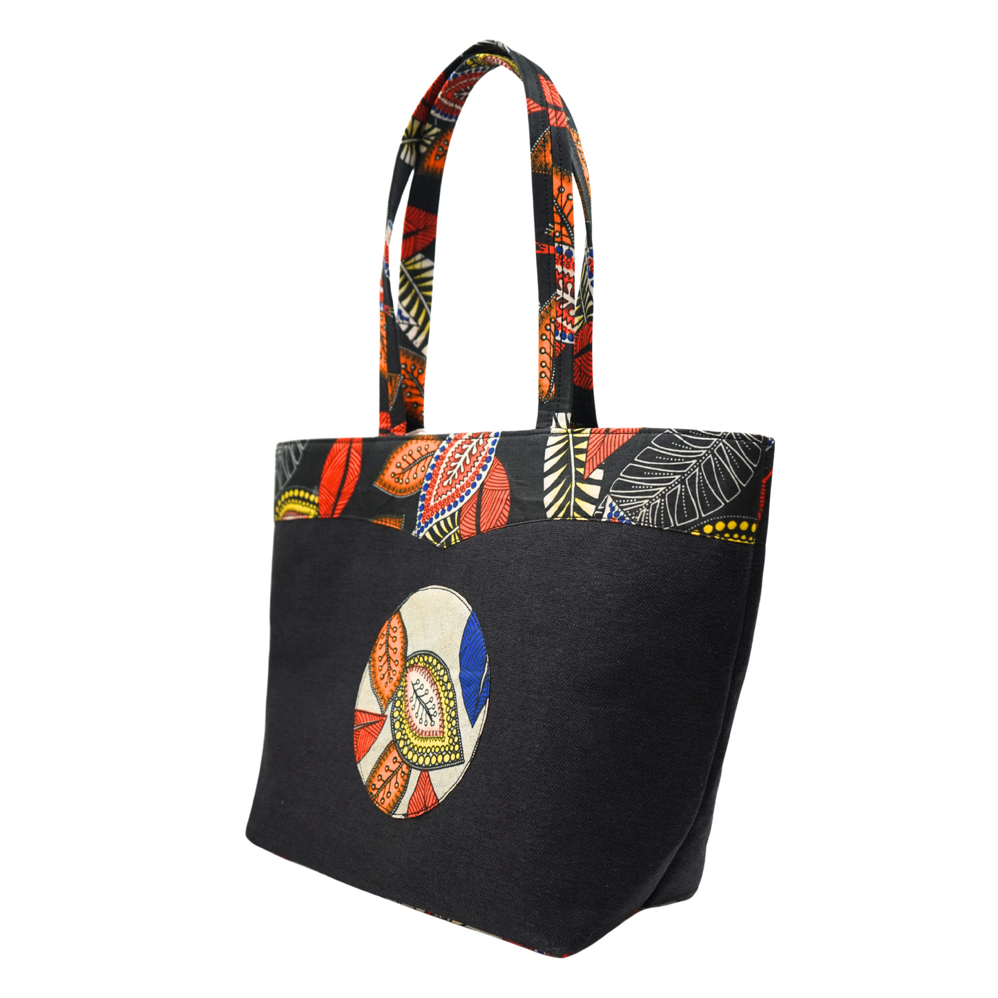 Black with Multicolor Leaves Raffia Moon Handbag