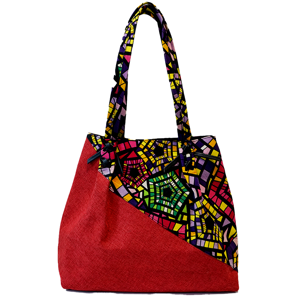 Ankara and Raffia Trapezoid Handbag