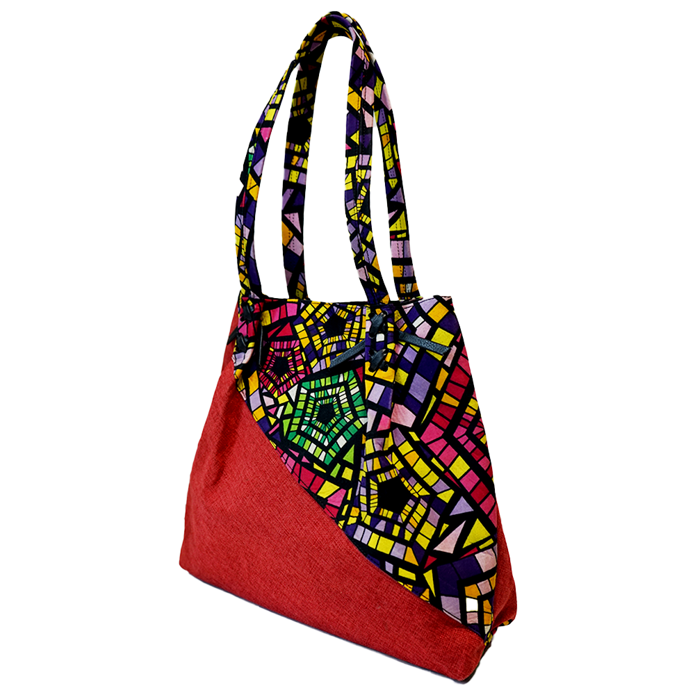 Ankara and Raffia Trapezoid Handbag