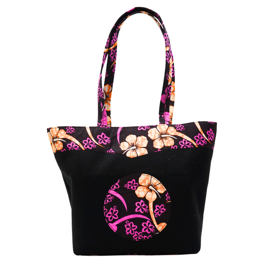 Black with Pink Orange Flowers Raffia Moon Handbag