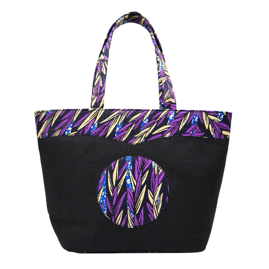 Black with Purple Leaves Raffia Moon Handbag