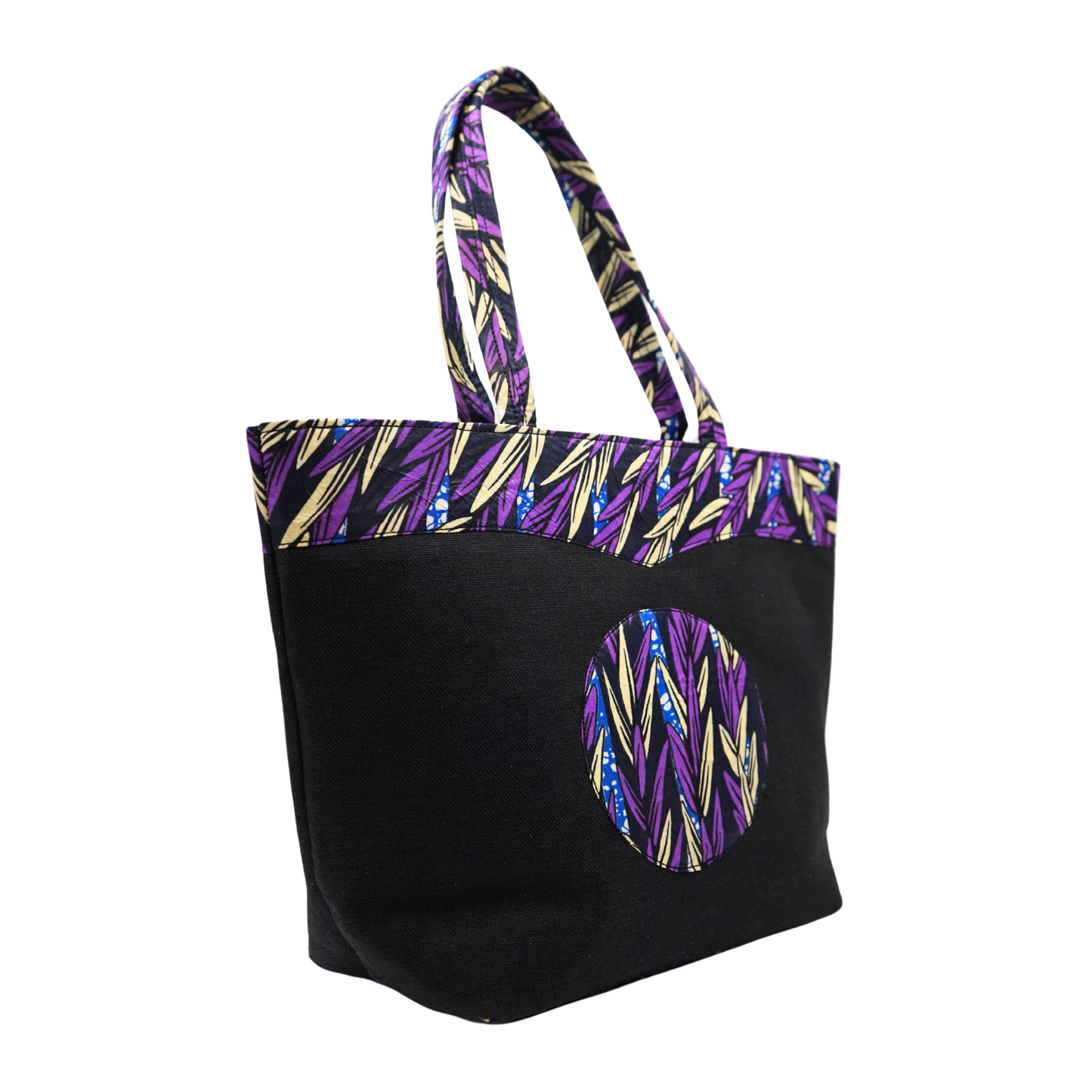 Black with Purple Leaves Raffia Moon Handbag