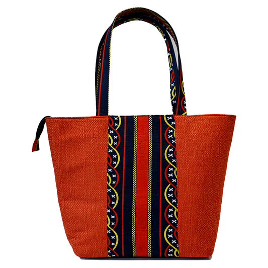 Crimson Blue Stripe Ankara Raffia Handbag