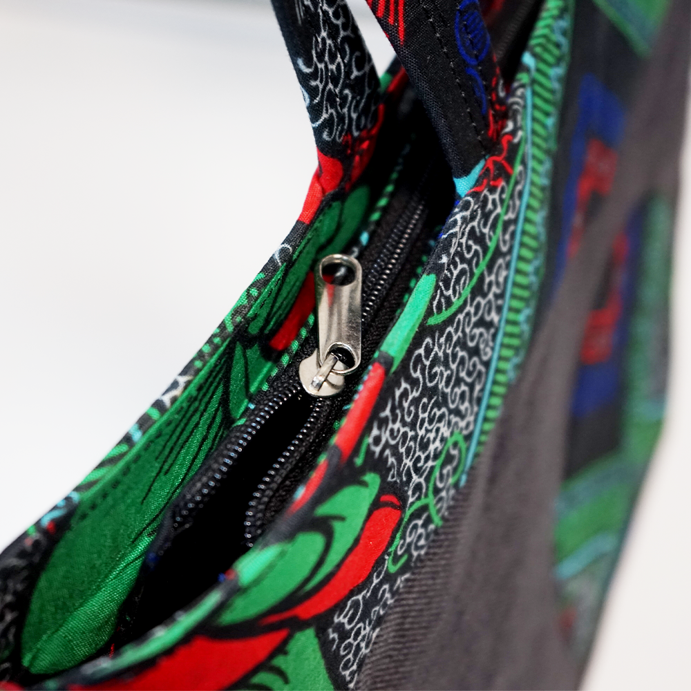 Dark Grey and Green Raffia Moon Handbag