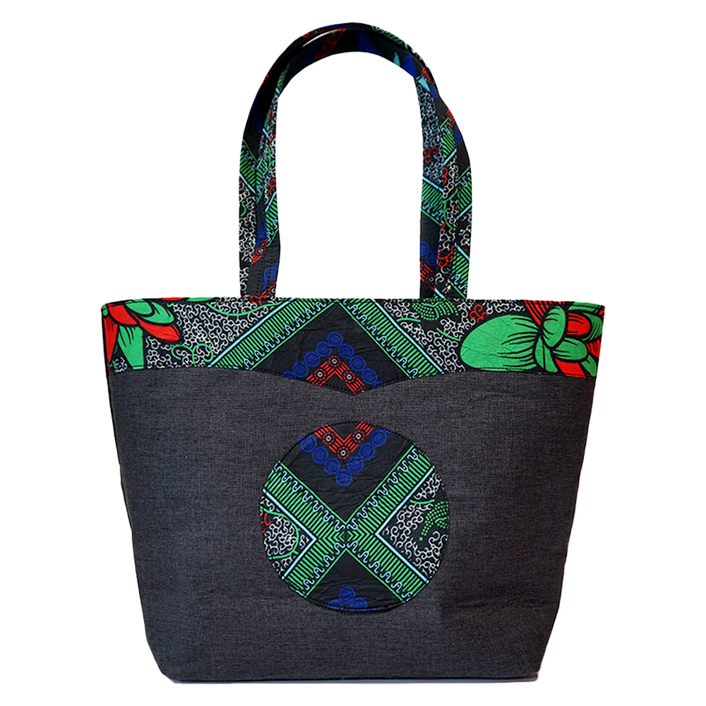 Dark Grey and Green Raffia Moon Handbag