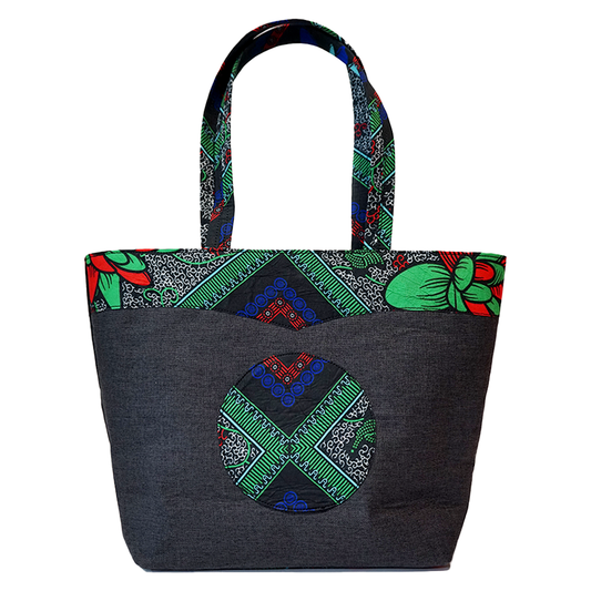 Dark Grey and Green Raffia Moon Handbag