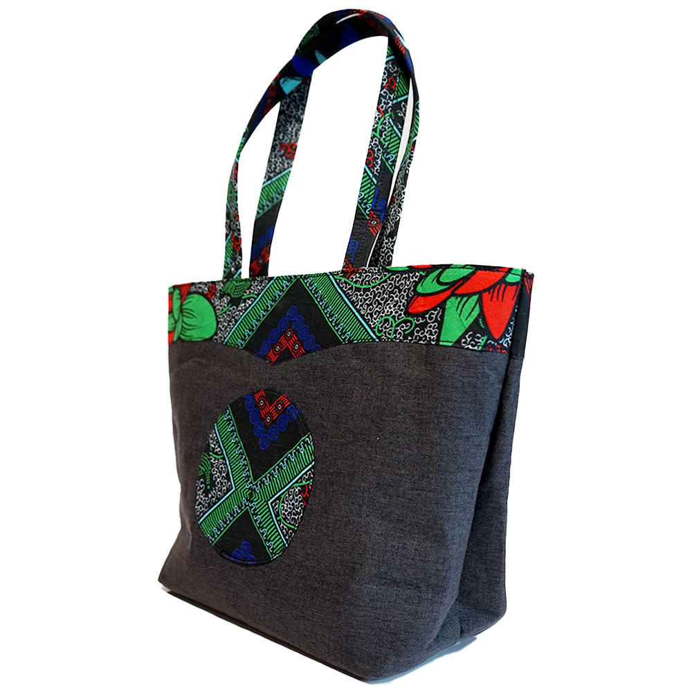 Dark Grey and Green Raffia Moon Handbag