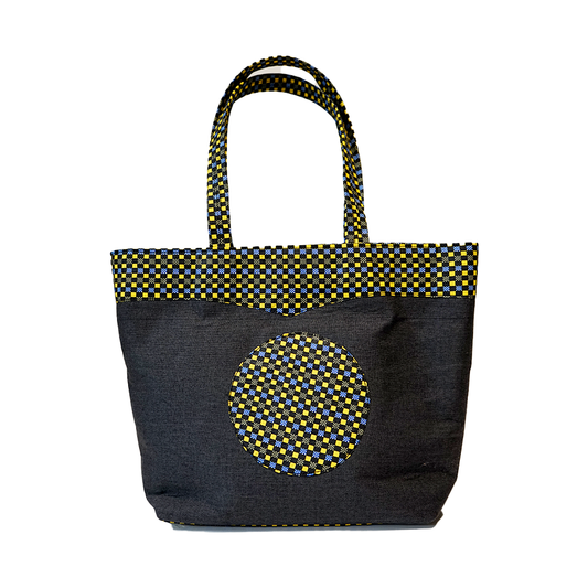 Grey and Yellow Checks Raffia Moon Handbag