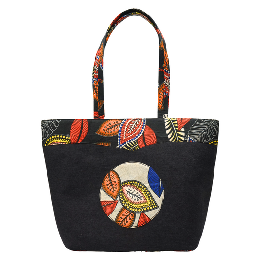 Black with Multicolor Leaves Raffia Moon Handbag