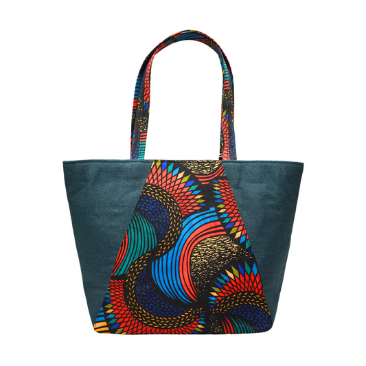 Navy Teal Multicolor Radiating Raffia Handbag