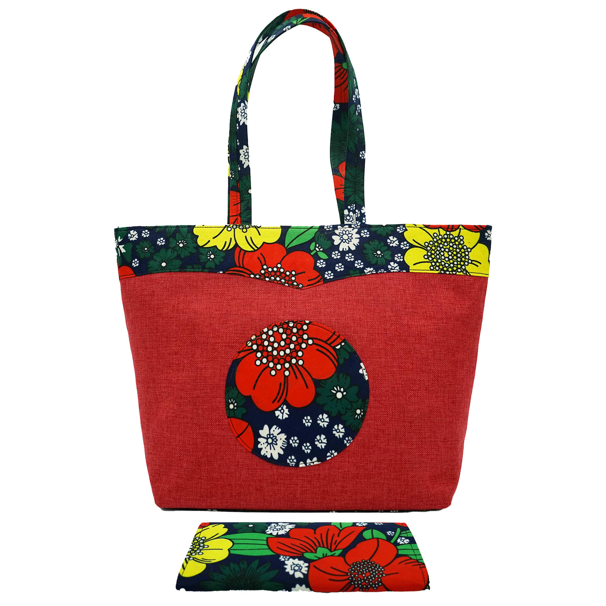 Red Floral Moon Raffia Handbag