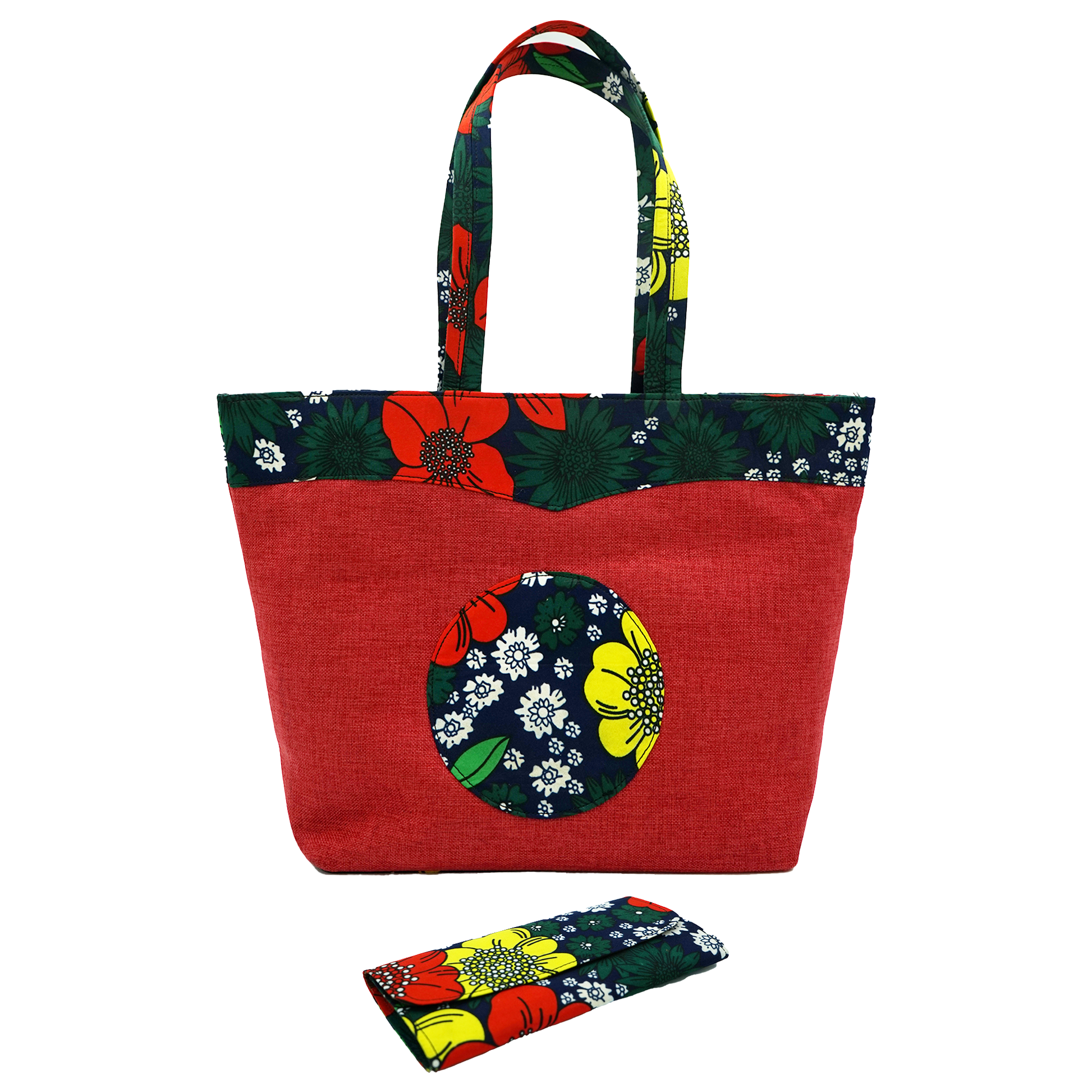 Red Floral Moon Raffia Handbag with complimentary wallet