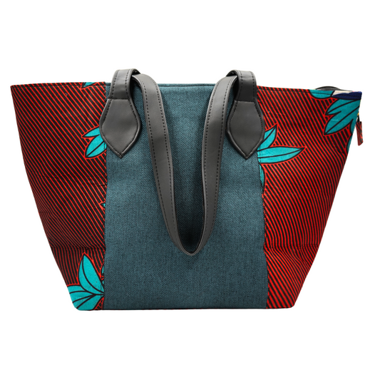 Teal and Red Radiating Raffia Handbag