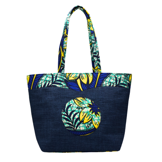 Blue and Yellow Floral Raffia Moon Handbag